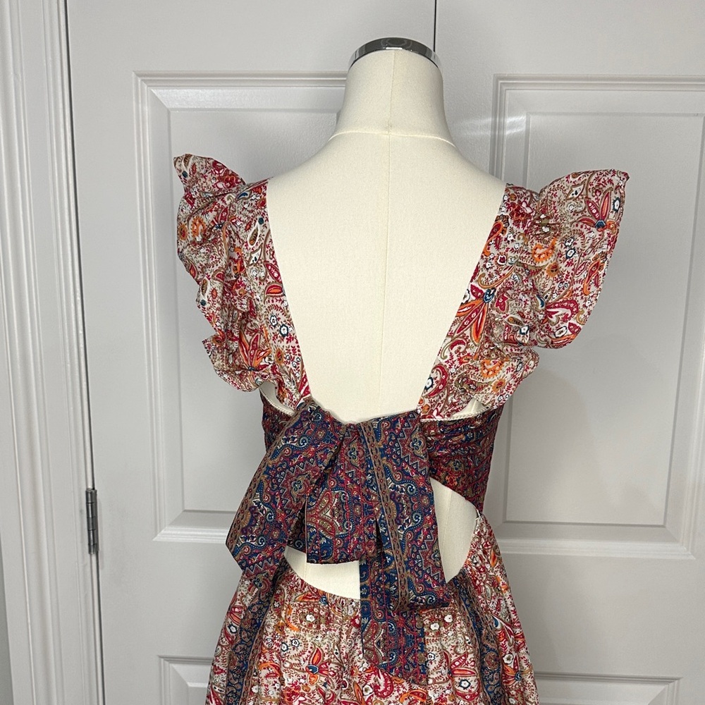 Haute Hippie Brown Cotton Boho Ruffles Peasant Vintage Tie Back Dress Size 10 - Picture 13 of 14